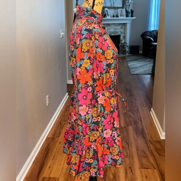 Fate NWT Full in Bloom long balloon sleeve ruffle button down tie waist dress, M - Picture 5 of 11